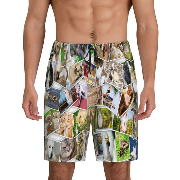 Sikiie pets and birds Collage Print Mens Pajama Shorts, Lounge Pant, Men's shorts,Sleep Pj Shorts for Men-4X-Large