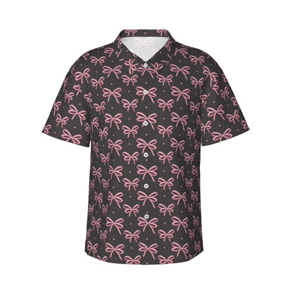 Sikiie pink bow Print Men's Hawaiian Shirt, Summer Beach Button Pocket Short Sleeve T-Shirt,Large
