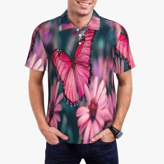 Sikiie pink butterfly Print Men's Short-sleeved POLO Shirts, Button-down Shirts and T-shirts are Suitable for Vacation, Leisure and Business-Medium