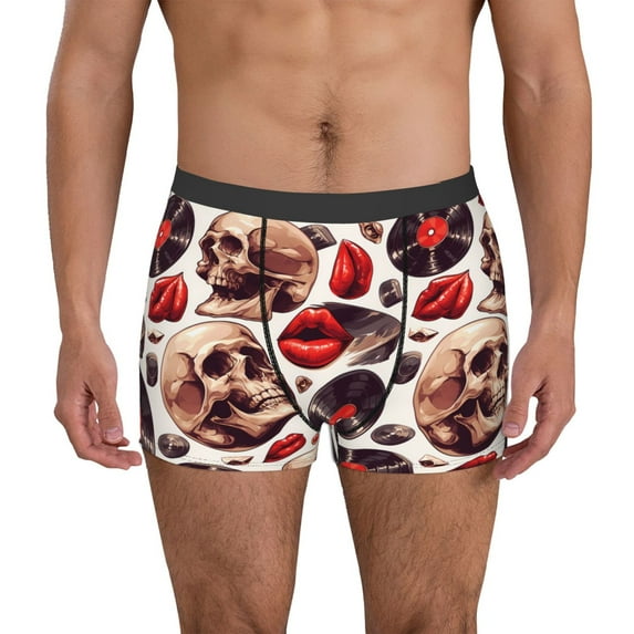 Sikiie record lips Skull Print Men's Boxer Briefs, Elastic Waistband Boxer Briefs Leggings-Large