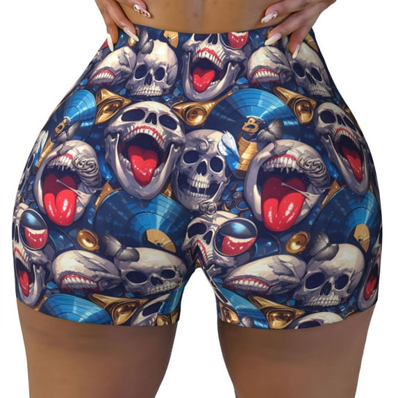 Sikiie rock Skull blue record Print Workout Shorts Women Scrunch Butt Gym Shorts Seamless High Waist Tummy Control Yoga Biker Athletic Shorts