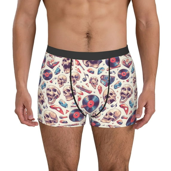 Sikiie rock Skull record Retro Print Men's Boxer Briefs, Elastic Waistband Boxer Briefs Leggings-X-Large