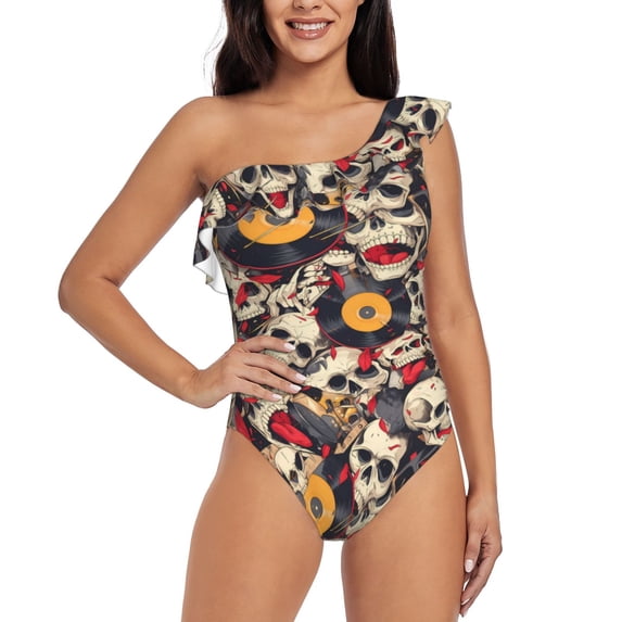 Sikiie rock Skull record artist Print Women One Piece Swimsuits Tummy Control One Shoulder Bathing Suits Ruffle Swimwear, From S to XXL-X-Large