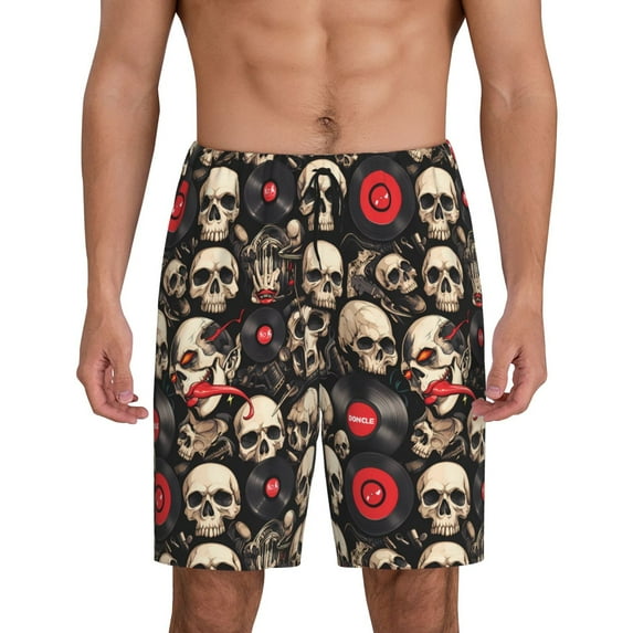 Sikiie rock record Skull Mens Pajama Shorts, Lightweight Lounge Pant with Pockets Soft Sleep Pj Shorts for MenX-Large