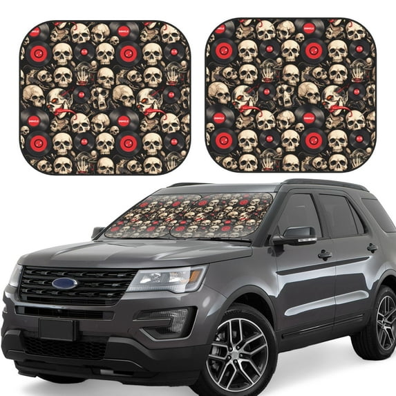 Sikiie rock record Skull Print Foldable Car Windshield Sun Visor, Car Window Sunshade Suitable for Sedan, SUV and Truck Car Accessories-Small