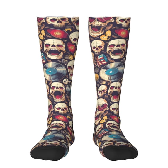Sikiie rock record music Skull Knee Socks, High Socks Long Stretchy Sock Women Knee High Stocking, Long Socks for Women