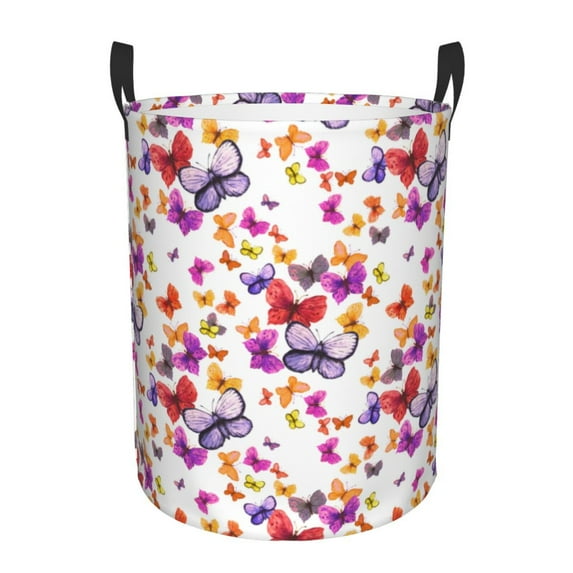 Sikiie watercolor butterflies Print Round Dirty Clothes Basket, Waterproof Standing Foldable Storage Basket, for Laundry Room, Bedroom, Bathroom Storage-Medium