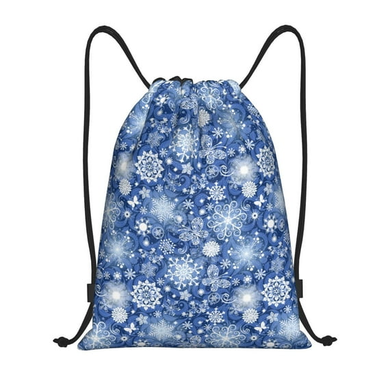 Sikiie whiet Snowflake blue background Drawstring Backpack Drawstring Bags, Draw String Back Bag for Sports, Gym, Travel, Swimming, Beach-Medium