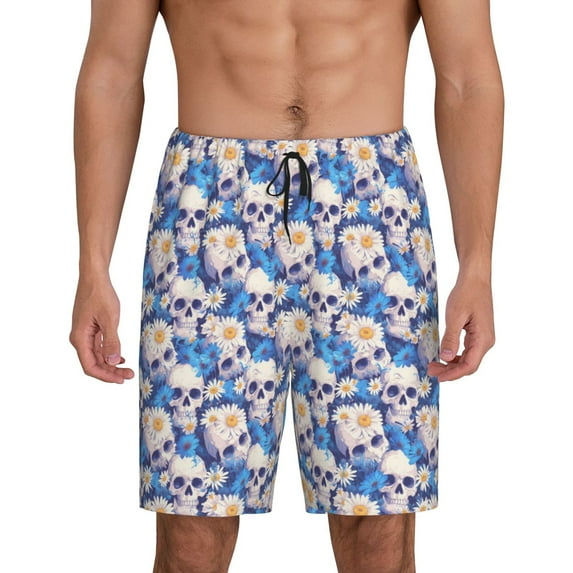 Sikiie white Skull blue daisy Mens Pajama Shorts, Lightweight Lounge Pant with Pockets Soft Sleep Pj Shorts for Men4X-Large