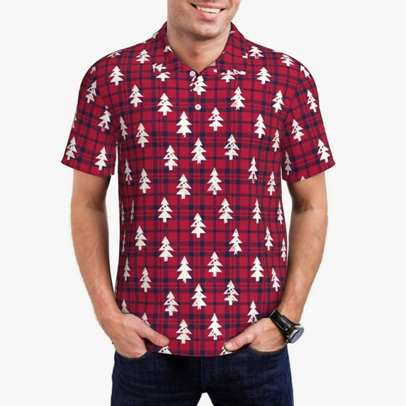 Sikiie white Tree red plaid Print Men's Short-sleeved POLO Shirts, Button-down Shirts and T-shirts are Suitable for Vacation, Leisure and Business-Small