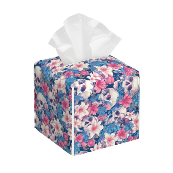 Sikiie white flower Skull blue Leather Tissue Box Cover Square, tissue box holder, Tissue Box with Bottom Belt-5.2”x5.2”x5.2”