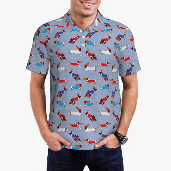 Sikiie winter Dachshund Print Men's Short-sleeved POLO Shirts, Button-down Shirts and T-shirts are Suitable for Vacation, Leisure and Business-XX-Large