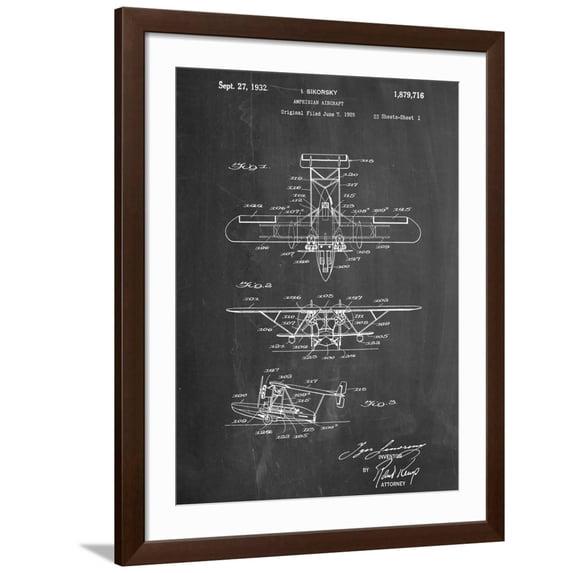 Art.com Sikorsky Amphibian Aircraft 1929 Patent Art Print, Brown Frame Wall Art, 32" x 40"