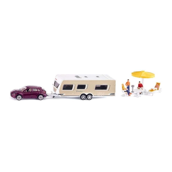 Porsche Macan Turbo Maroon Metallic & Dethleffs Exclusiv Emotion Caravan w/Figures & Camp Accessories 1/55 Diecast Model by Siku