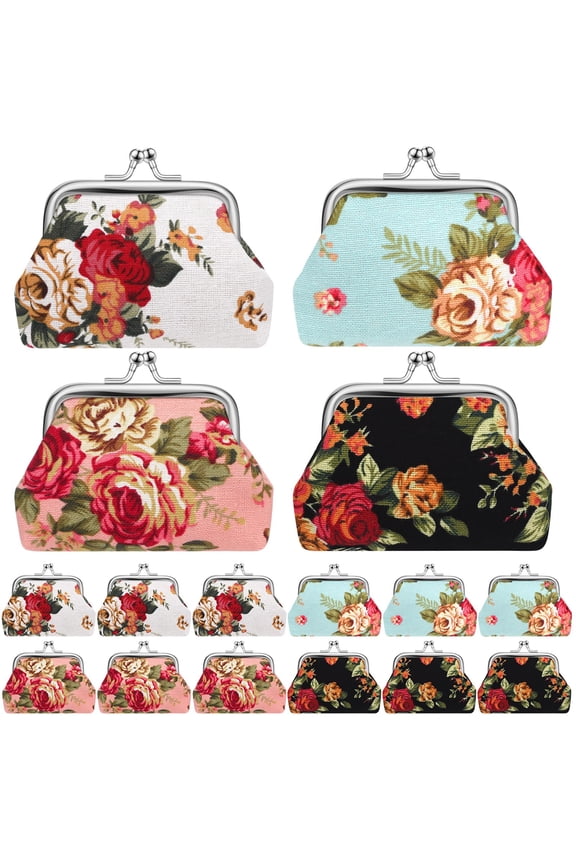 48 Pcs Vintage Canvas Floral Kiss Lock Coin Purses Bulk Rose Flower Change Wallets for Women (4 x 3 Inch) A101