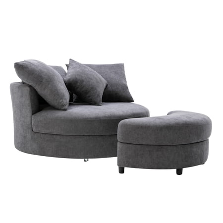 Sila 49 Inch Round Swivel Chair- Storage Ottoman- 4 Pillows- Dark Gray