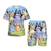 SILAIA Bluey Print Boys Girls Pajamas,Toddler Summer Nightwear Pjs,Unisex Kids Sleepwear,Short Sleeve Shirt & Shorts Pajama Set for Kids-Large