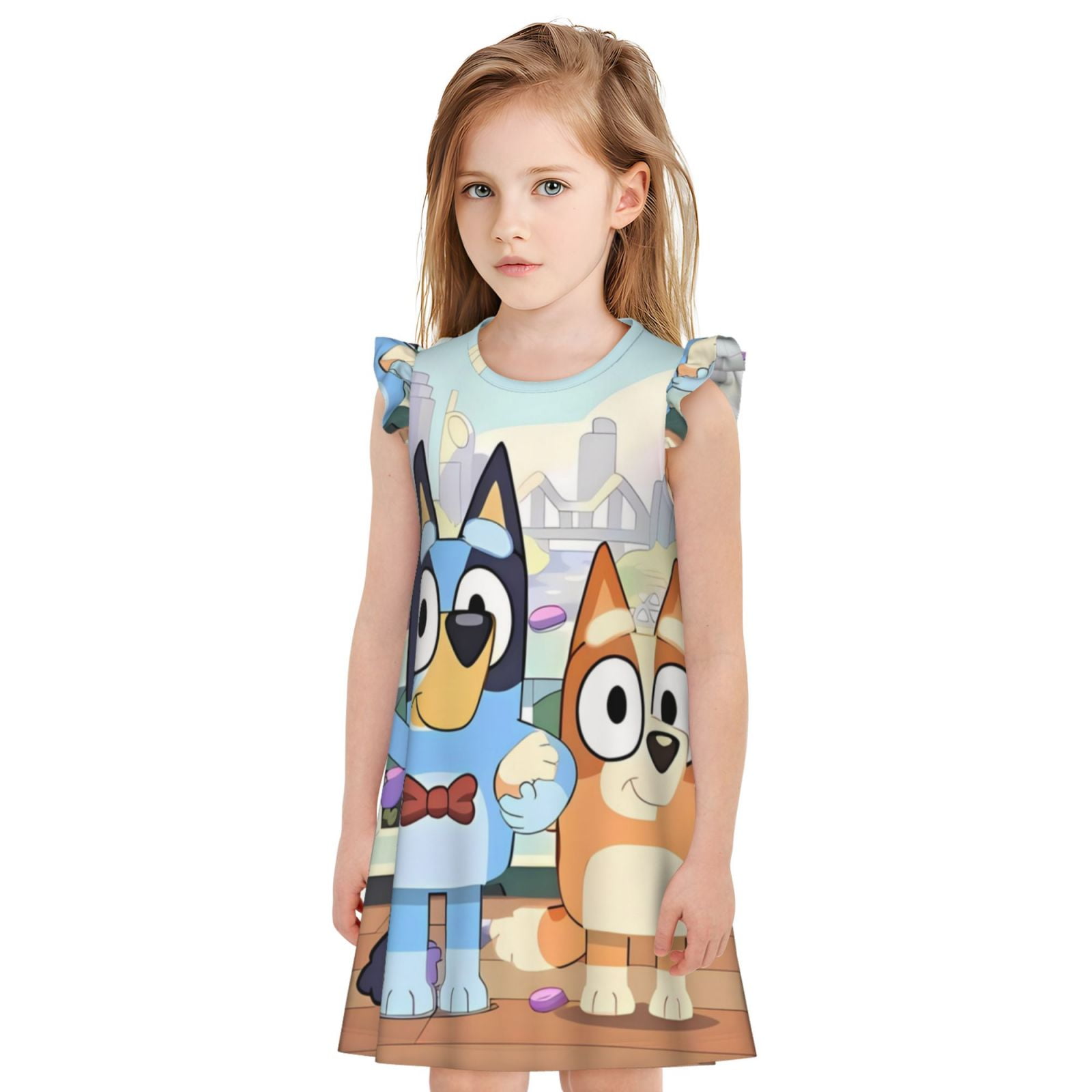 Bluey Print Girls Nightgown Pajamas Dress, Toddler Sleepwear with Butterfly Sleeves,Kids Pajama Dress, Ideal for Sleep, Play, Parties-X-Large