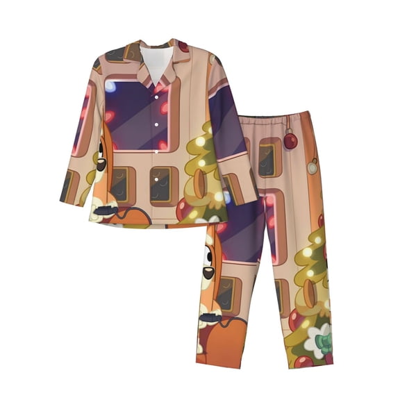 Silaia Bluey Print Men's Pajama Set,Sleepwear Pjs,Lightweight Button Down Long Sleeve Shirts and Bottoms,Sleepwear Lounge Pjs Set with Pockets -Medium