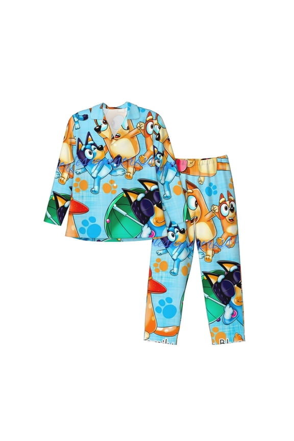 Bluey Print Men's Pajama Set,Sleepwear Pjs,Lightweight Button Down Long Sleeve Shirts and Bottoms,Sleepwear Lounge Pjs Set with Pockets -XX-Large