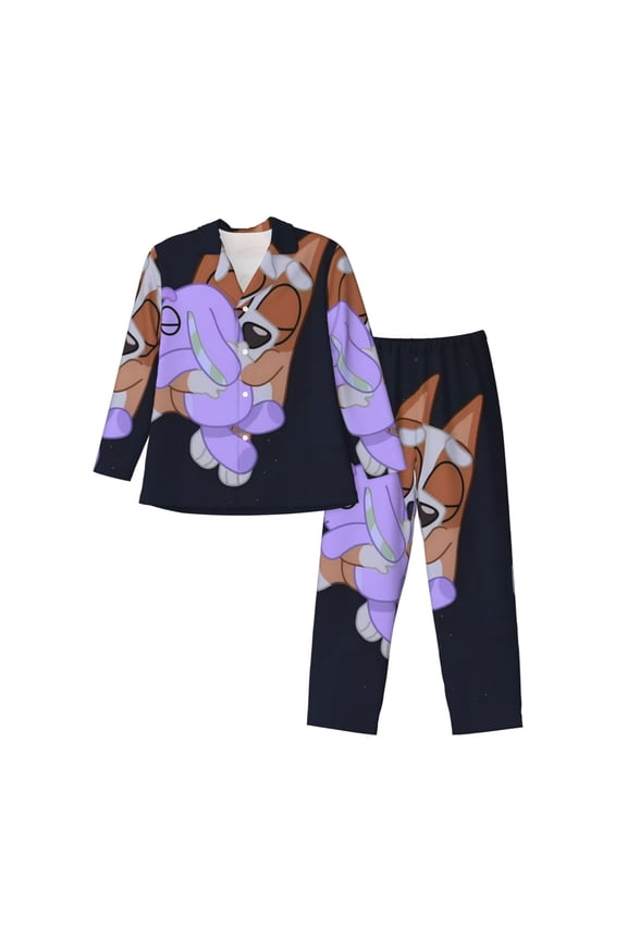 Bluey Print Men's Pajama Set,Sleepwear Pjs,Lightweight Button Down Long Sleeve Shirts and Bottoms,Sleepwear Lounge Pjs Set with Pockets -Small