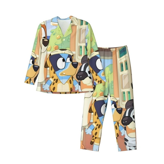 Silaia Bluey Print Men's Pajama Set,Sleepwear Pjs,Lightweight Button Down Long Sleeve Shirts and Bottoms,Sleepwear Lounge Pjs Set with Pockets -XX-Large