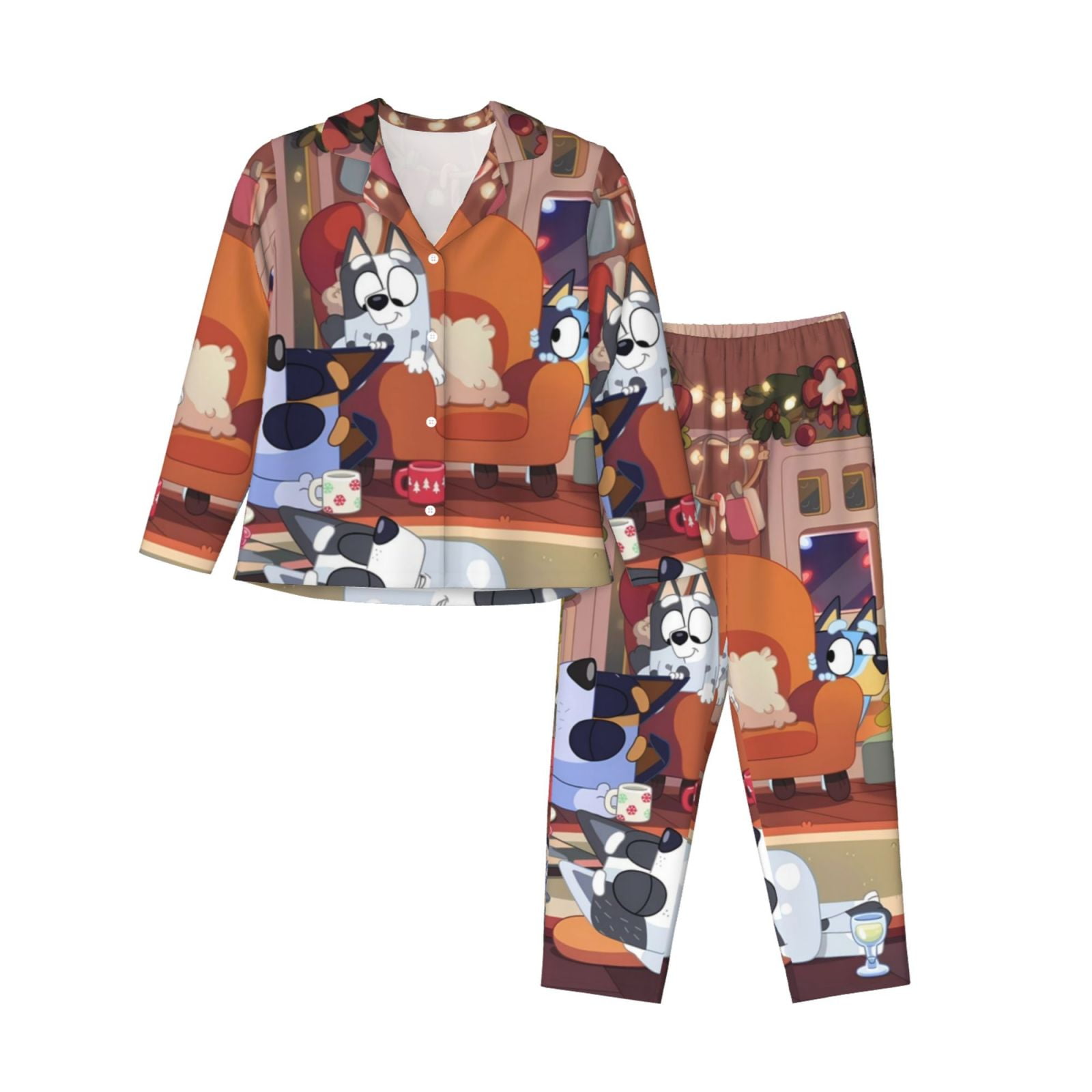 Silaia Bluey Print Women 2 Piece Pajama Set,Button Down Long Sleeve Sleepwear,Pjs Loungewear Sleepwear,Pj Lounge Sets-Large