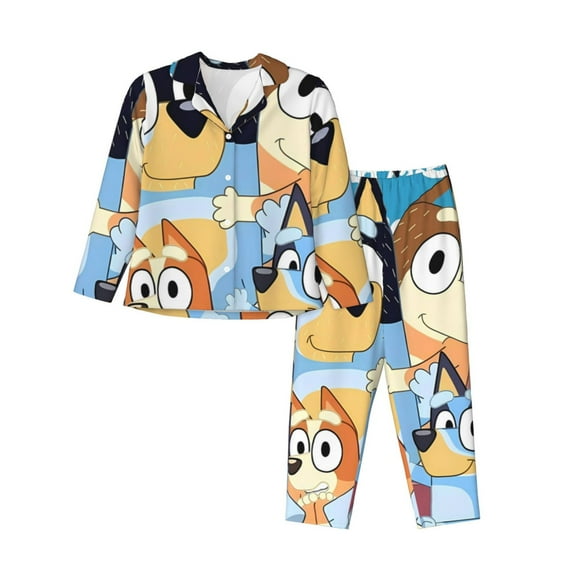 Silaia Bluey Print Women 2 Piece Pajama Set,Button Down Long Sleeve Sleepwear,Pjs Loungewear Sleepwear,Pj Lounge Sets-Large