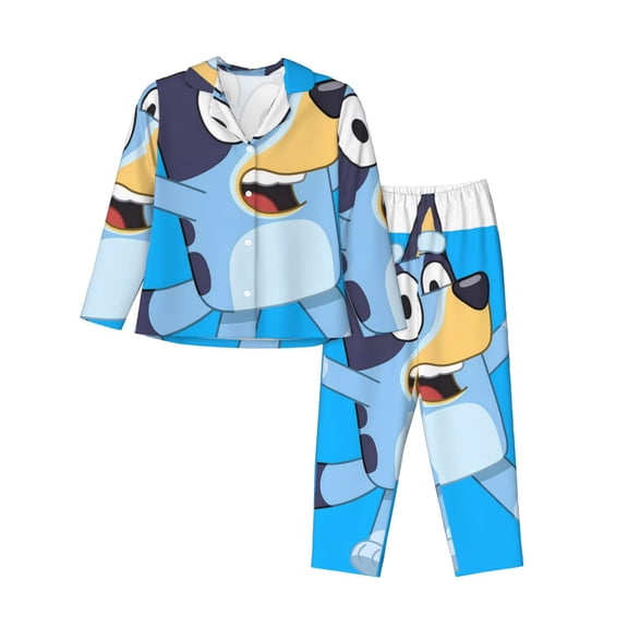 Silaia Bluey Print Women 2 Piece Pajama Set,Button Down Long Sleeve Sleepwear,Pjs Loungewear Sleepwear,Pj Lounge Sets-Large