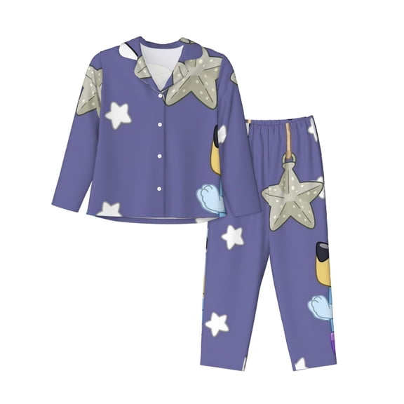 Silaia Bluey Print Women 2 Piece Pajama Set,Button Down Long Sleeve Sleepwear,Pjs Loungewear Sleepwear,Pj Lounge Sets-Large