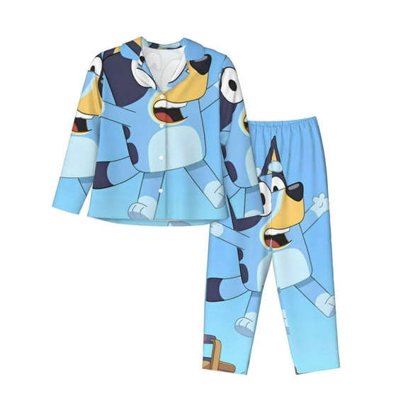 Silaia Bluey Print Women 2 Piece Pajama Set,Button Down Long Sleeve Sleepwear,Pjs Loungewear Sleepwear,Pj Lounge Sets-Medium