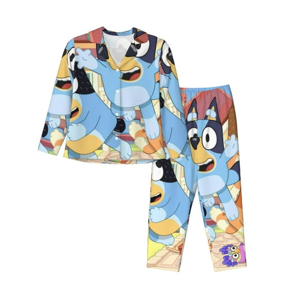 Silaia Bluey Print Women 2 Piece Pajama Set,Button Down Long Sleeve Sleepwear,Pjs Loungewear Sleepwear,Pj Lounge Sets-Medium