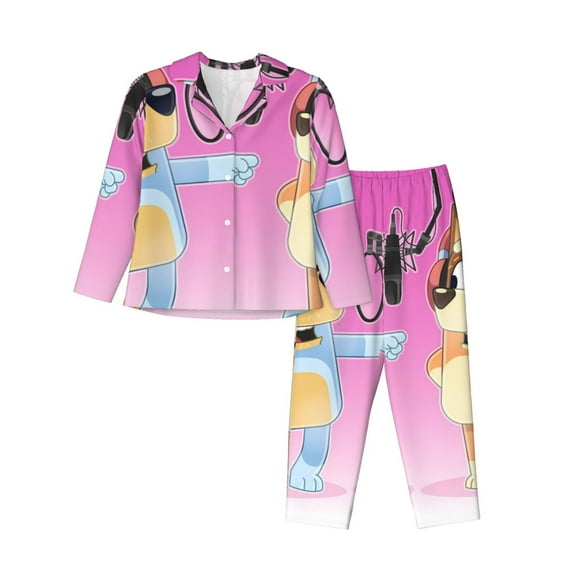 Silaia Bluey Print Women 2 Piece Pajama Set,Button Down Long Sleeve Sleepwear,Pjs Loungewear Sleepwear,Pj Lounge Sets-Medium