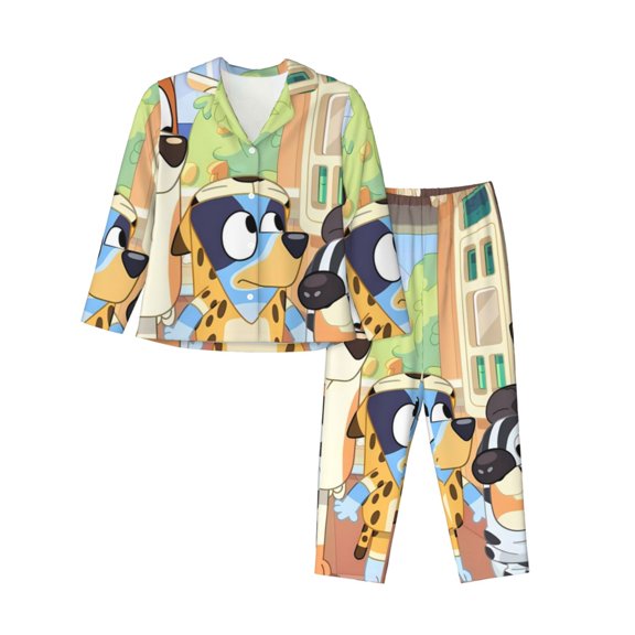 Silaia Bluey Print Women 2 Piece Pajama Set,Button Down Long Sleeve Sleepwear,Pjs Loungewear Sleepwear,Pj Lounge Sets-Medium