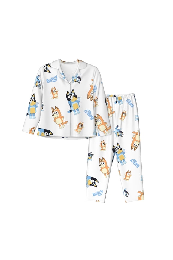 Bluey Print Women 2 Piece Pajama Set,Button Down Long Sleeve Sleepwear,Pjs Loungewear Sleepwear,Pj Lounge Sets-X-Large