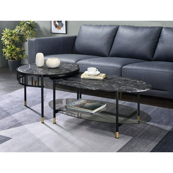 Silas Engineered Stone Top & Black Finish Nesting Table Set - Modern Elegance with Extra Storage
