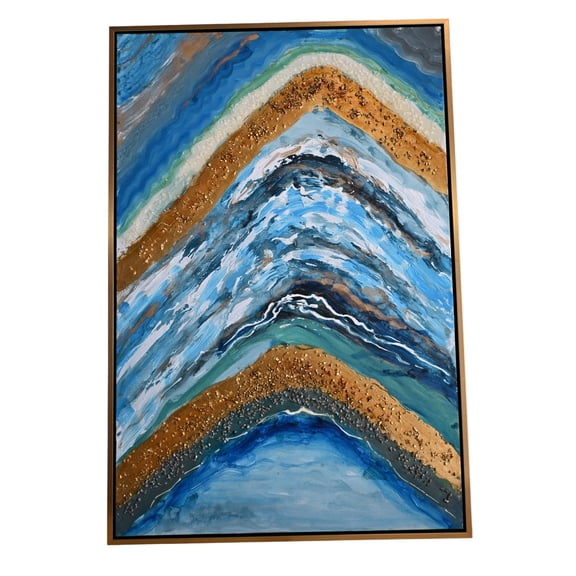 Silence Geode Abstract Canvas Painting Blue Gold Framed 61"x41"