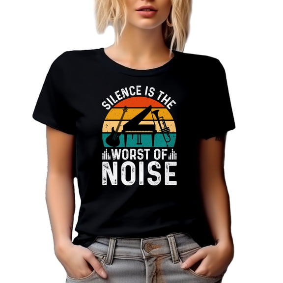Silence Is the Worst of Noise - Musician Quote feat. Guitar, Piano & Trumpet, Black T-Shirt, Medium