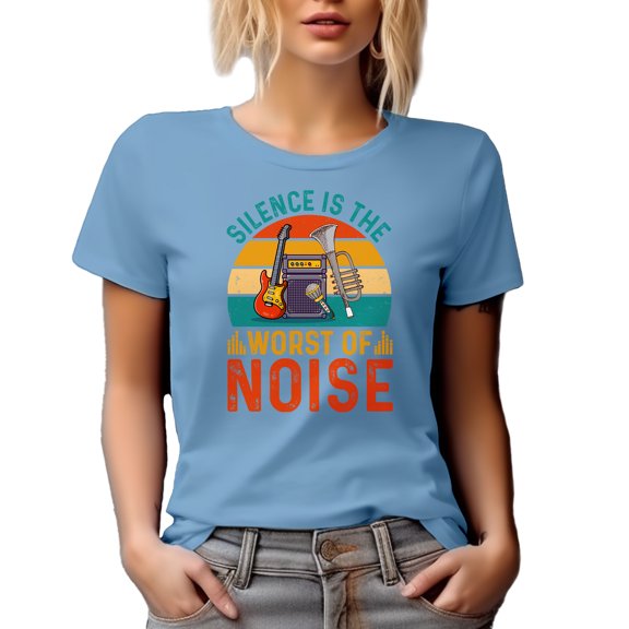 Silence Is the Worst of Noise, Musician Quote feat. Musical Instruments, Baby Blue T-Shirt, Medium