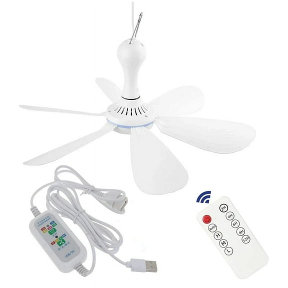 Silent 6 Leaves USB Powered Ceiling Canopy Fan with Remote Control Timing 4 Speed Hanging Fan for Camping Bed Dormitory