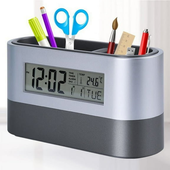 Silent Alarm Clock,Table Clock,Electronic Digital Pen Holder,Tools Name Card Holder,Calendar Temperature Display