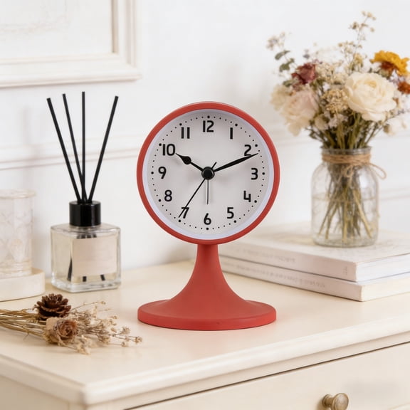 Silent Analog Table Clock, Minimal Round Desk Clock with Pedestal Base for Home Office, Non Ticking Quartz Bedside Clock for Bedroom and Living Room Decor