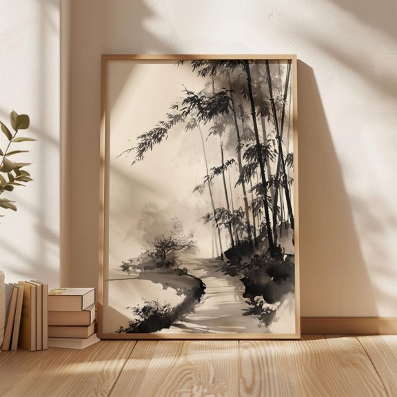 Silent Bamboo Path Ink Landscape Asian Nature Decor Unframed Paper Print
