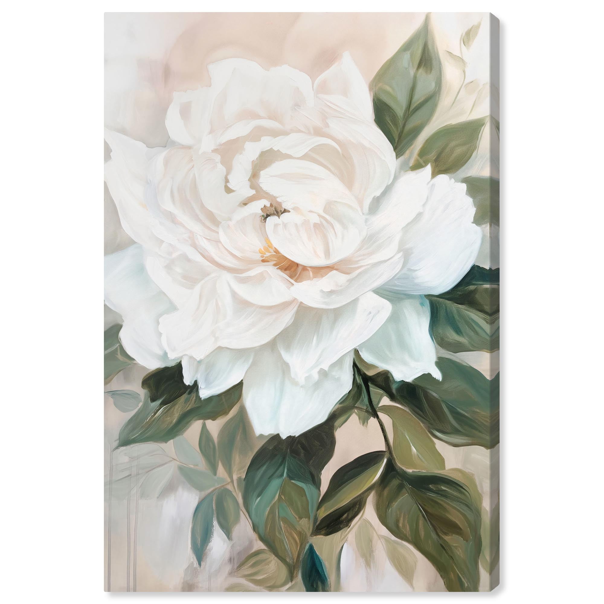 Silent Blossom White and Green Floral Wrapped Canvas Art