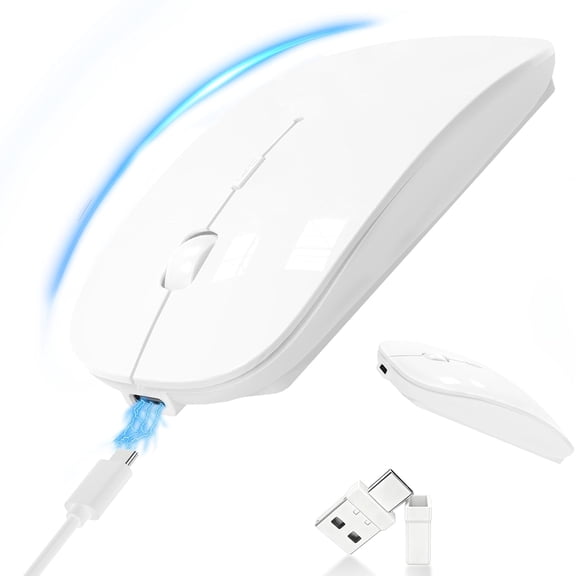 Silent Bluetooth Wireless Mouse with Jiggler, Rechargeable Portable Mouse for MacBook, iPad, Laptop & PC, Dual Mode BT5.2 and 2.4G, USB-C/USB-A Receiver, Adjustable DPI Compact Travel Mouse -White