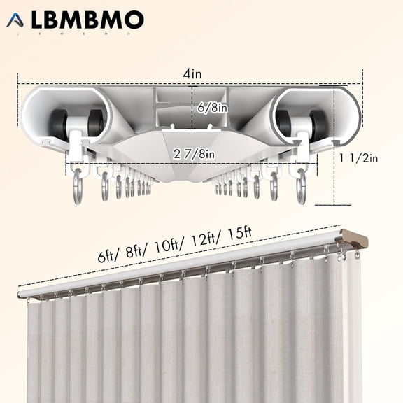 Silent Double Curtain Track Ceiling Mount 6'/8'/10'/12'/15', Wide 4" White Aluminum track Curtains Rail, Bedroom/Window/Hotel Drop Ceiling Curtains Tracks (without curtains & hooks) (Double, 6ft)