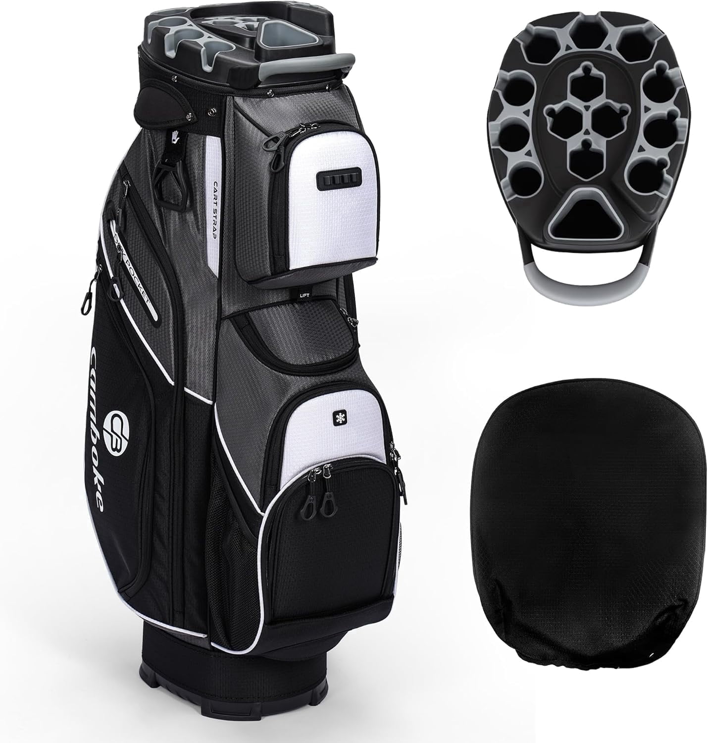 Silent Golf Cart Bag, Molded Lock Top Bag with 14-Way Full-Length Dividers Large Capacity Cooler Pocket Padded Strap Golf Club Bag with Rain Hood for Trolley Players,Grey