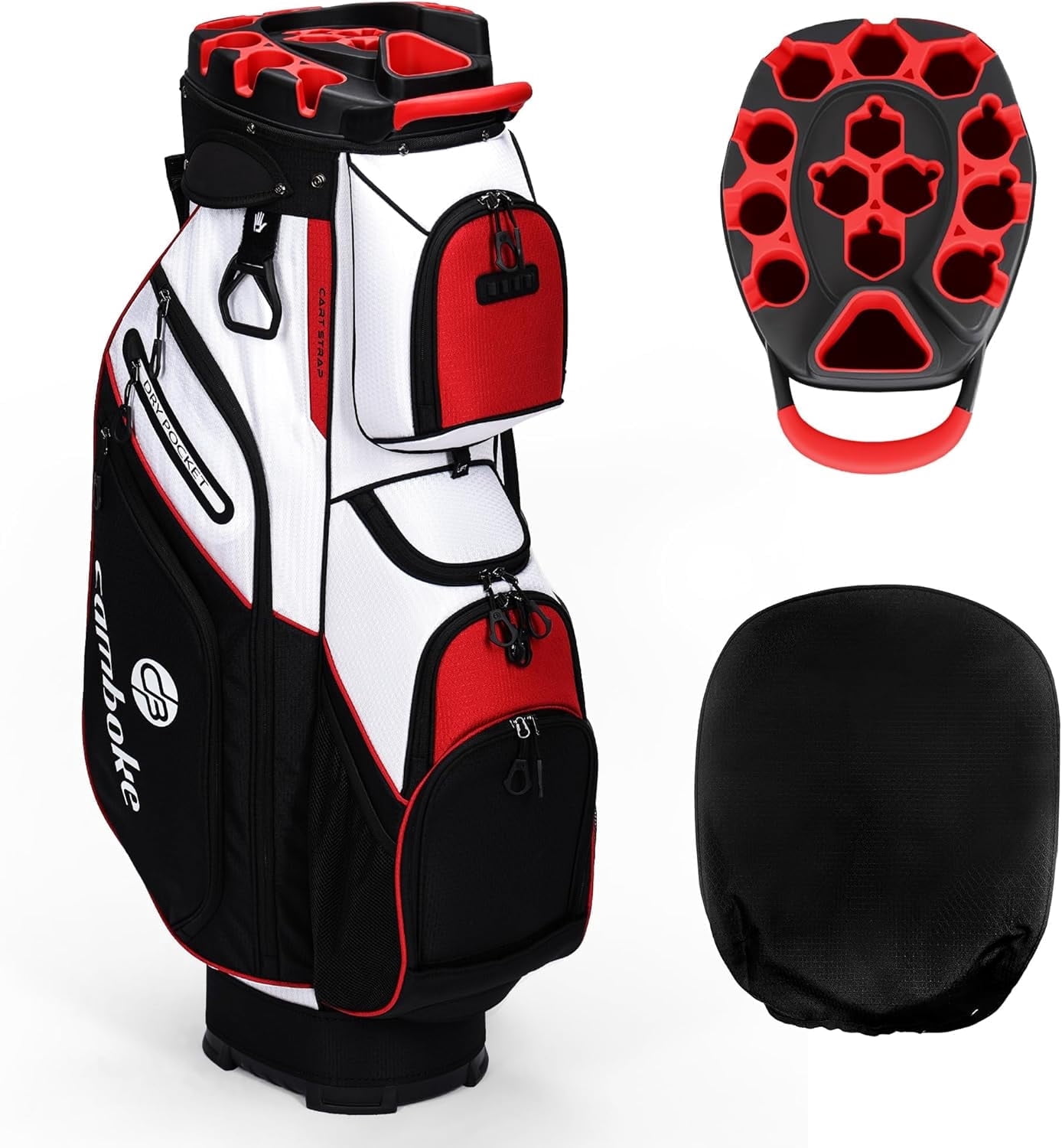 Silent Golf Cart Bag, Molded Lock Top Golf Bag with 14-Way Full-Length Dividers Large Capacity Cooler Pocket Padded Strap Golf Club Bag with Rain Hood for Trolley Players,red