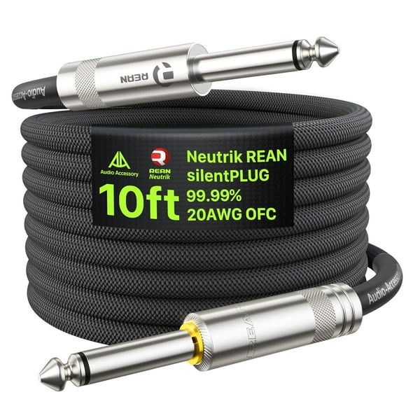 Silent Guitar Cable 10 ft, Neutrik REAN silentPLUG, Kevlar-Reinforced Nylon Braided Anti-Kinking, Auto Mute 20 AWG 99.99% OFC 1/4 Instrument Cable, Shielded Amp Cord for Bass Guitar