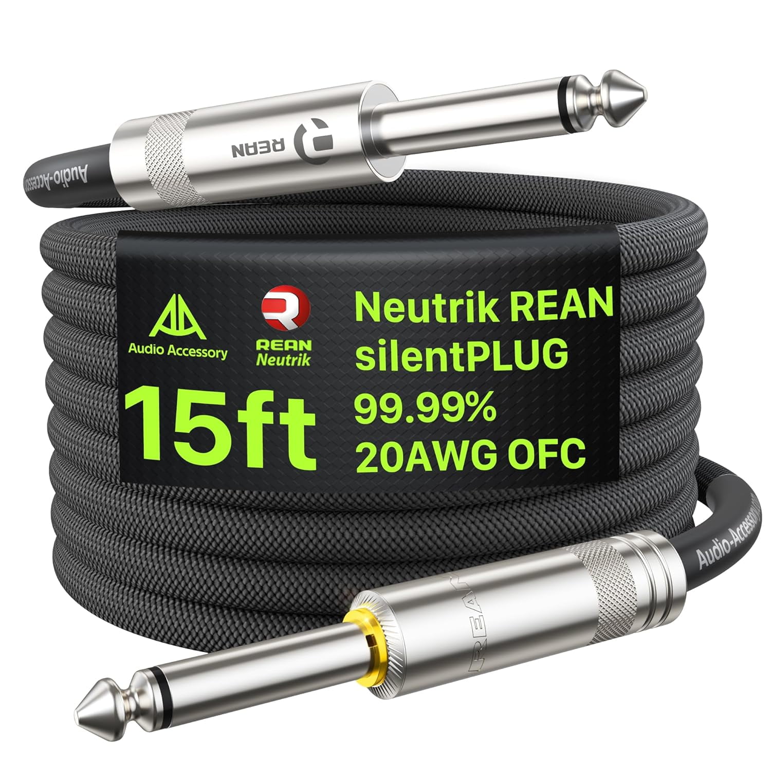 Silent Guitar Cable 15ft, Neutrik REAN silentPLUG, Kevlar-Reinforced Nylon Braided Anti-Kinking, Auto Mute 20 AWG 99.99% OFC 1/4 Instrument Cable, Shielded Amp Cord for Bass Guitar
